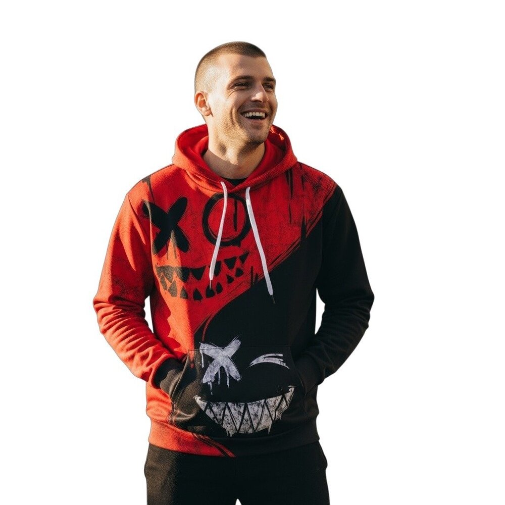 Mens Red & Black Graphic Hoodie With Smiling Faces Design Size L Polyester & Spa - Picture 2 of 9